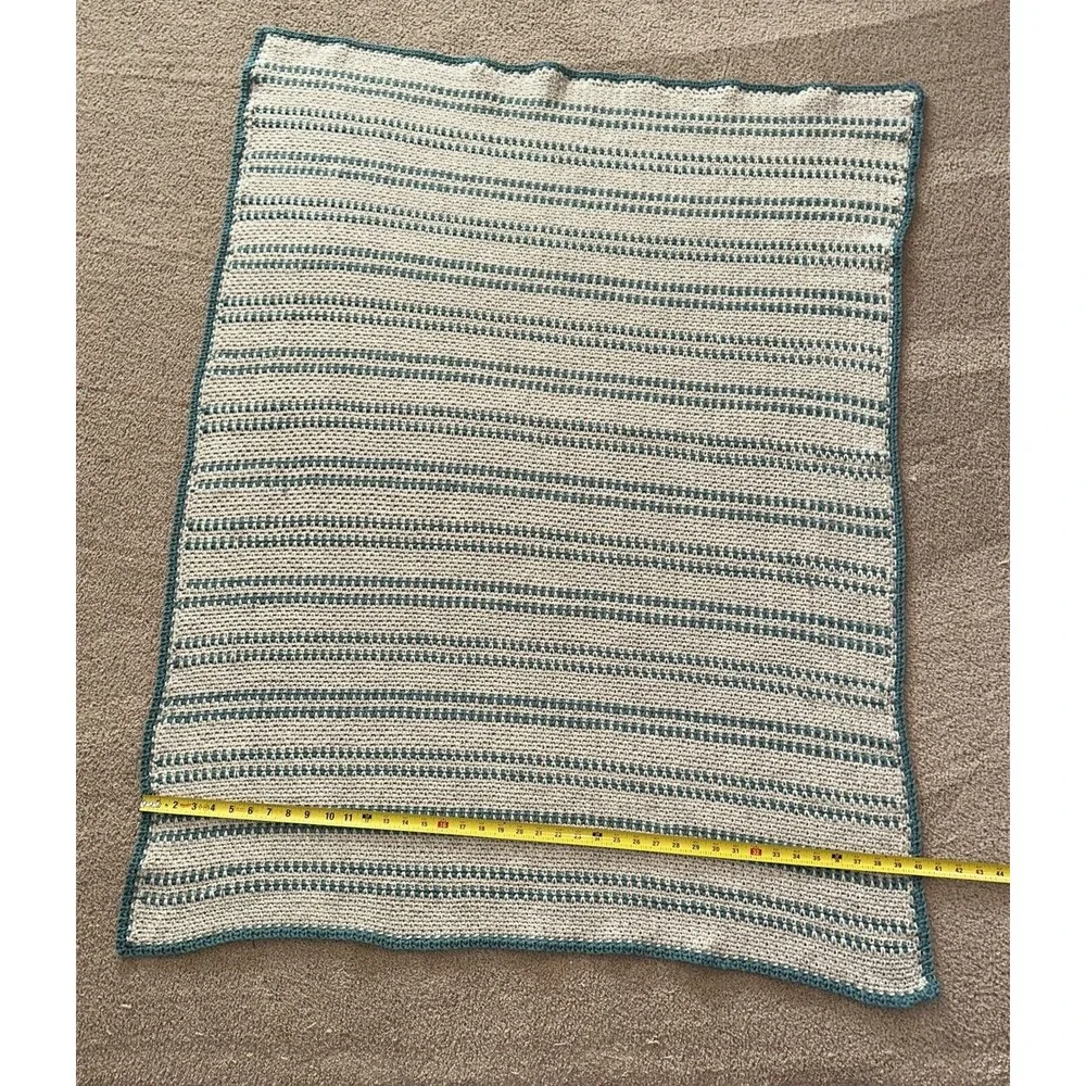 NEW Handmade Crochet Afghan Blanket Throw Striped Blue/Cream 53